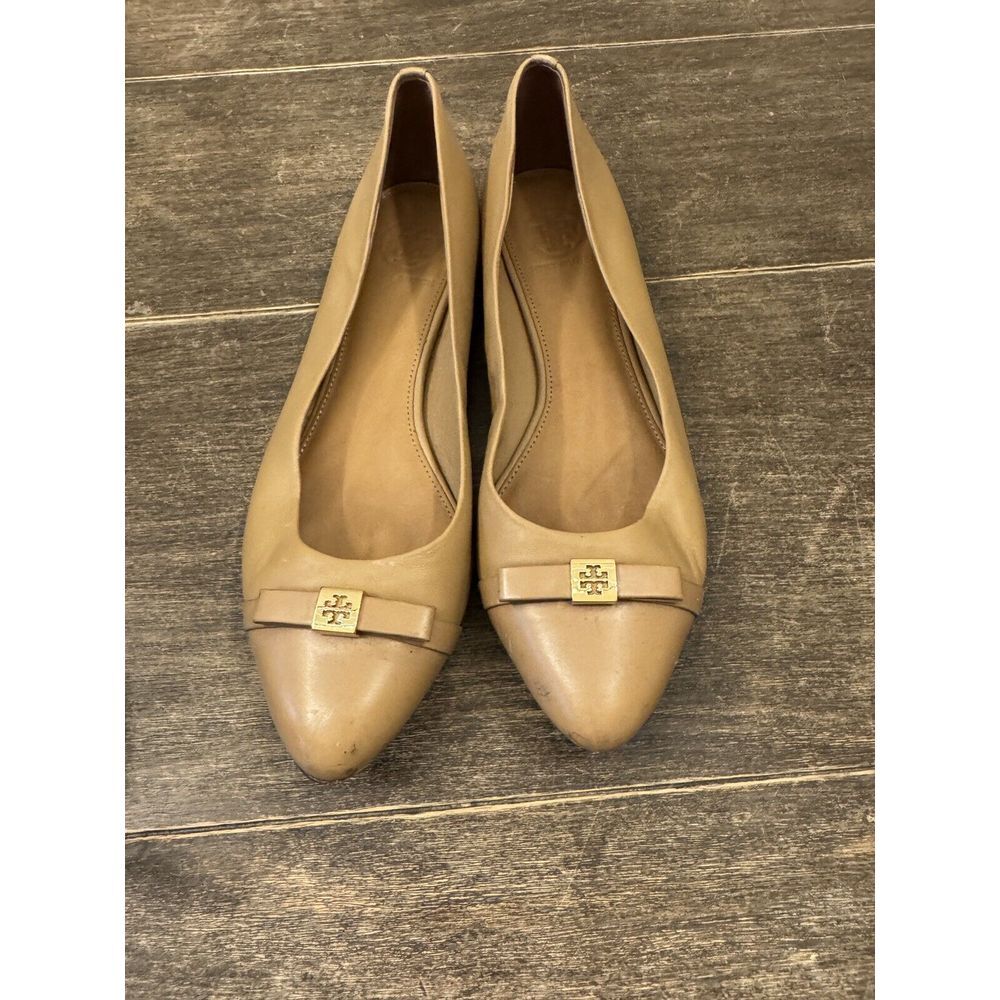 TORY BURCH BEIGE LEATHER HUGO BOW POINT TOE GOLD REVA BALLET FLATS Size 8.5